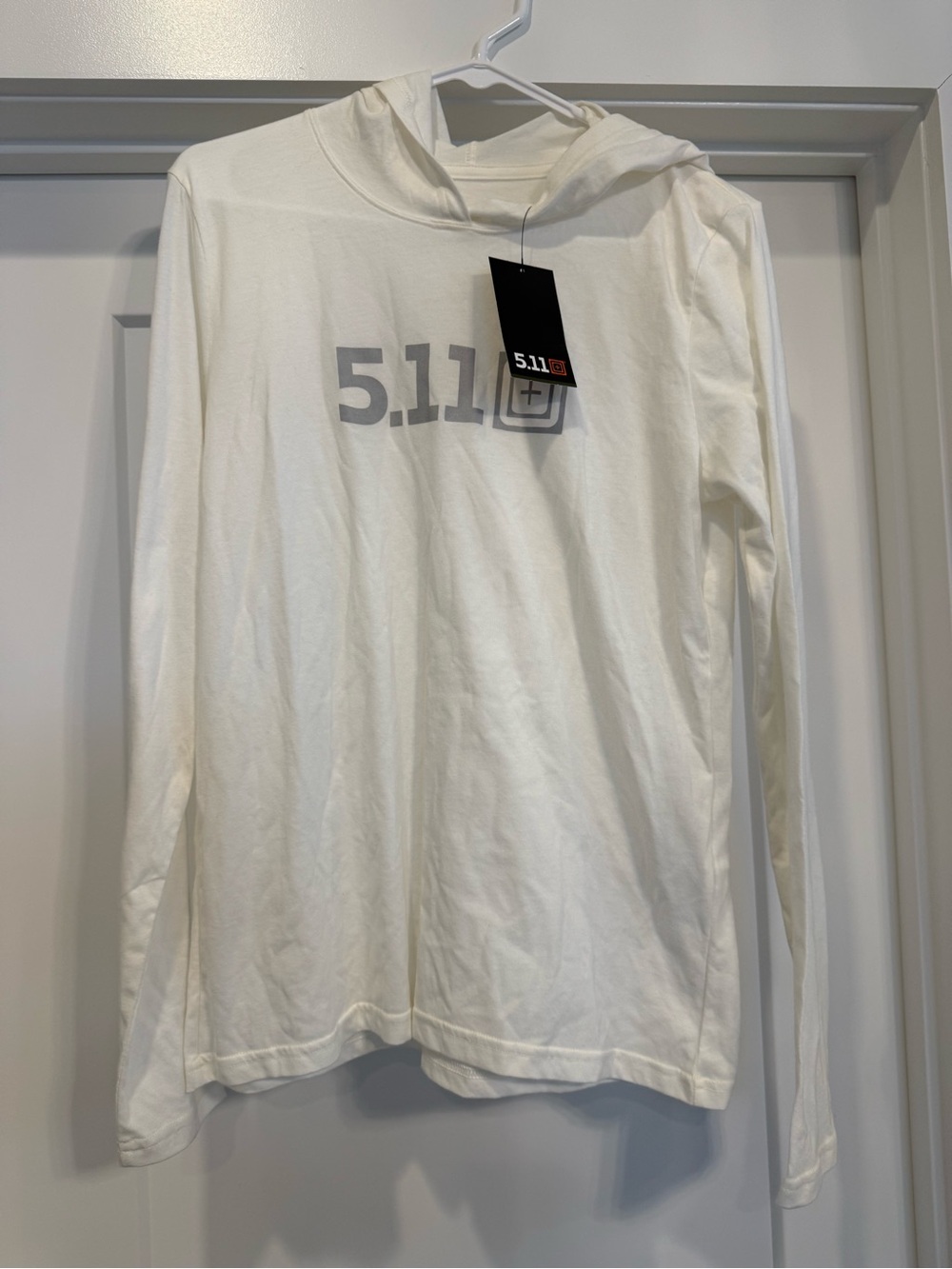 5.11 Tactical White Long-Sleeve Hooded Tee with Gray Logo
